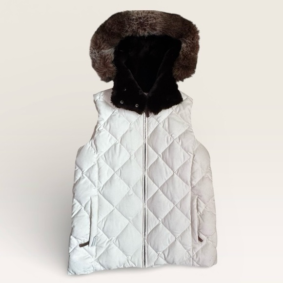 LRL Quilted Puffer Vest Cream Hooded Brown Faux Fur Full Zip Womens Small - Picture 4 of 12